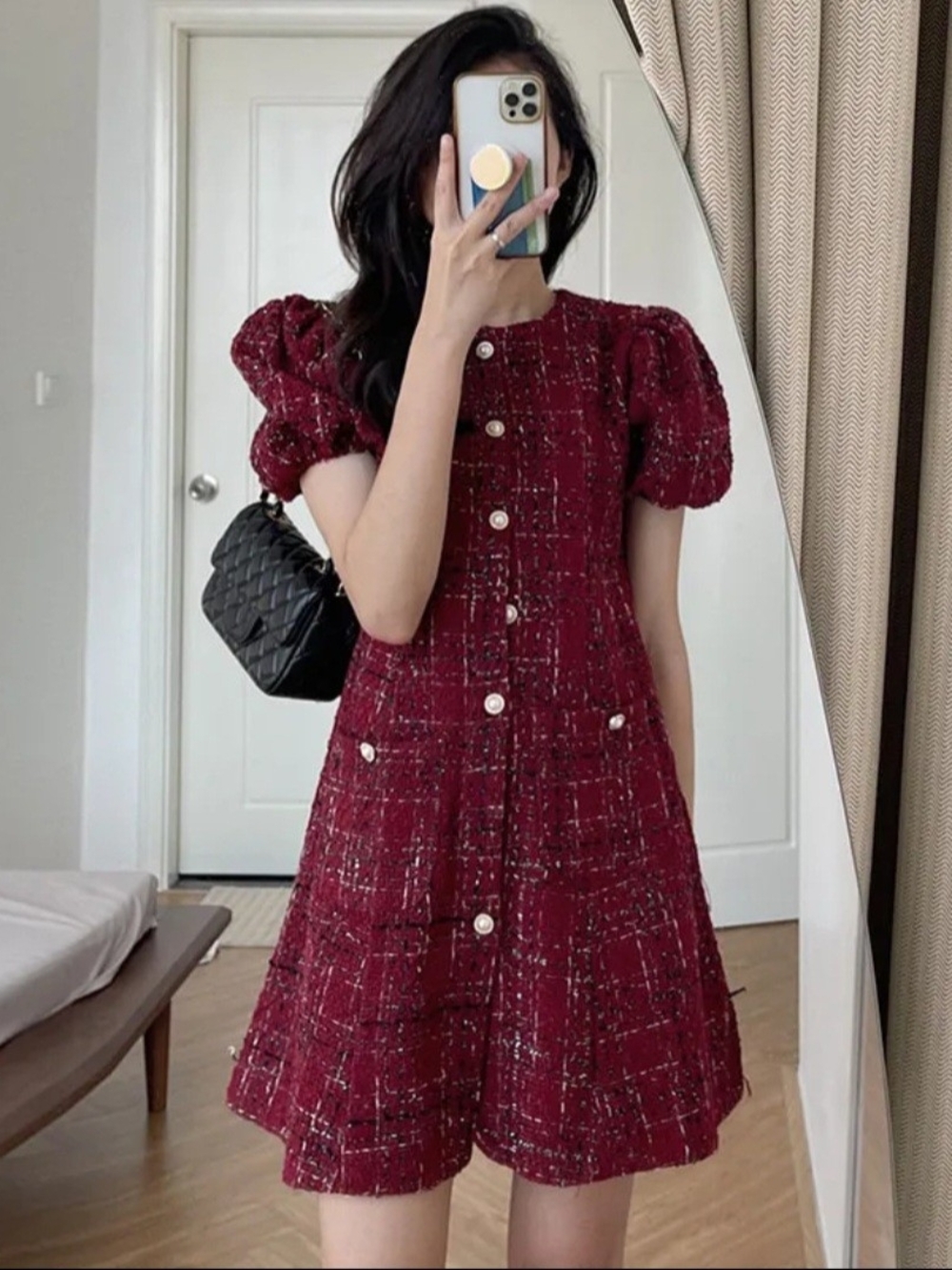 Elegant Burgundy Tweed Puff-Sleeve Dress